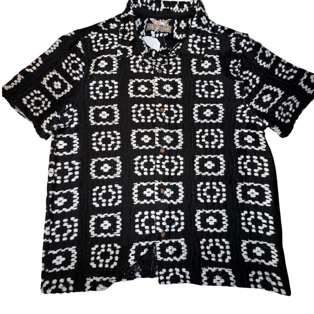 Distortion Mens Black White Geometric Knit Cropped Fit Short Sleeve Shirt Size S